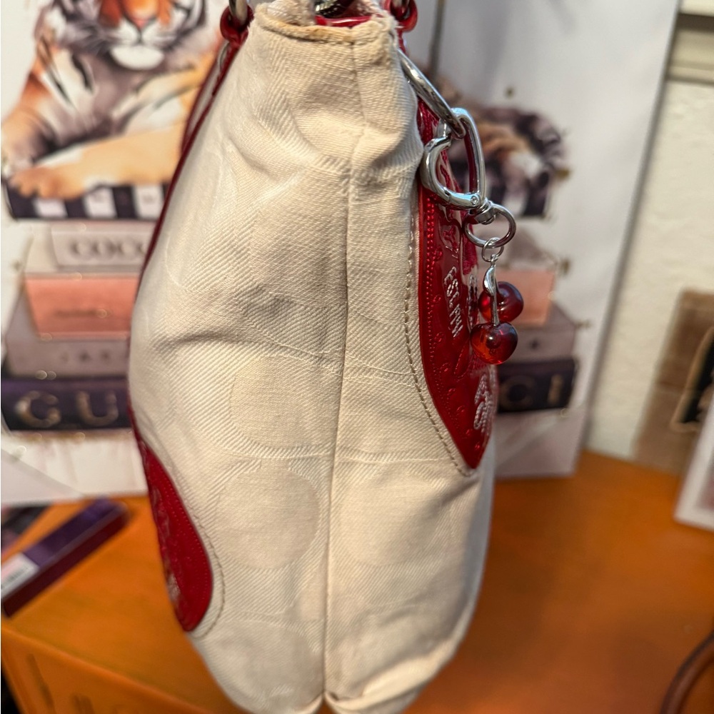 Coach Cream Tote with Red Heart Accents and Straps - Picture 7 of 15